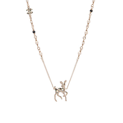 Chanel Light Gold Pearl & Crystal Doe Pendant Necklace