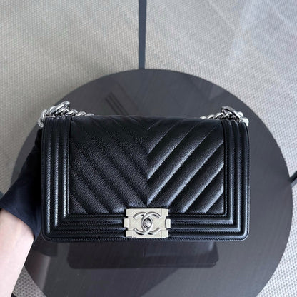 Chanel Boy Medium - Caviar 25CM Chevron Black Silver Hardware Series 29