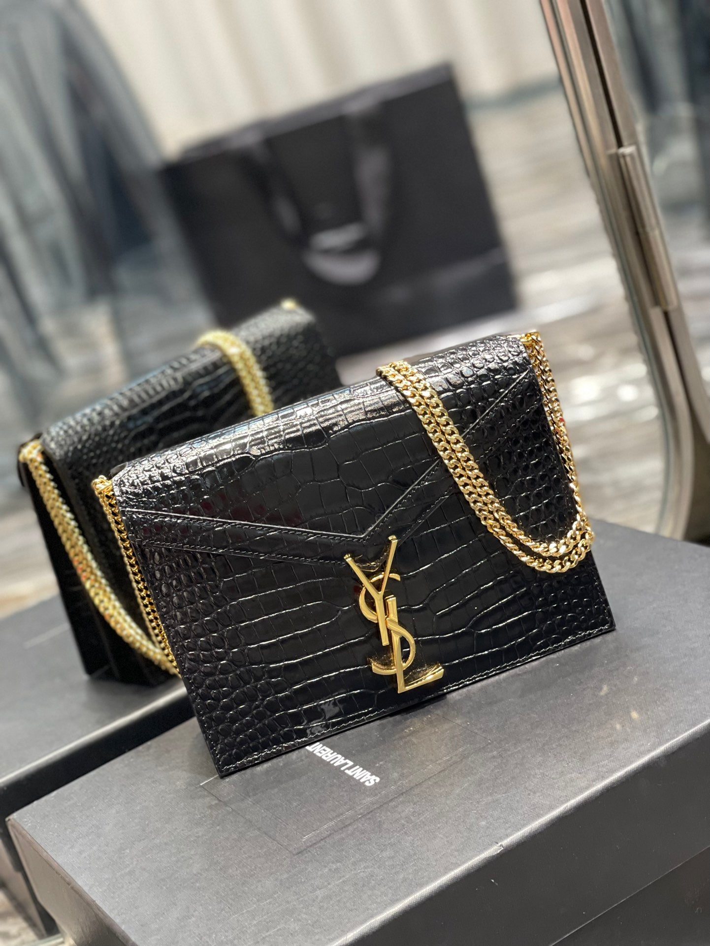 Yves Saint Laurent Cassandra Medium Chain Bag Black  8.6in/22cm