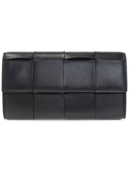 Luxury Bottega Veneta Intrecciato Flap Long Wallet Black