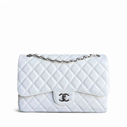 Chanel Classic Flap Jumbo - Caviar Double Flap 30CM Quilted White Silver Hardware Series 14