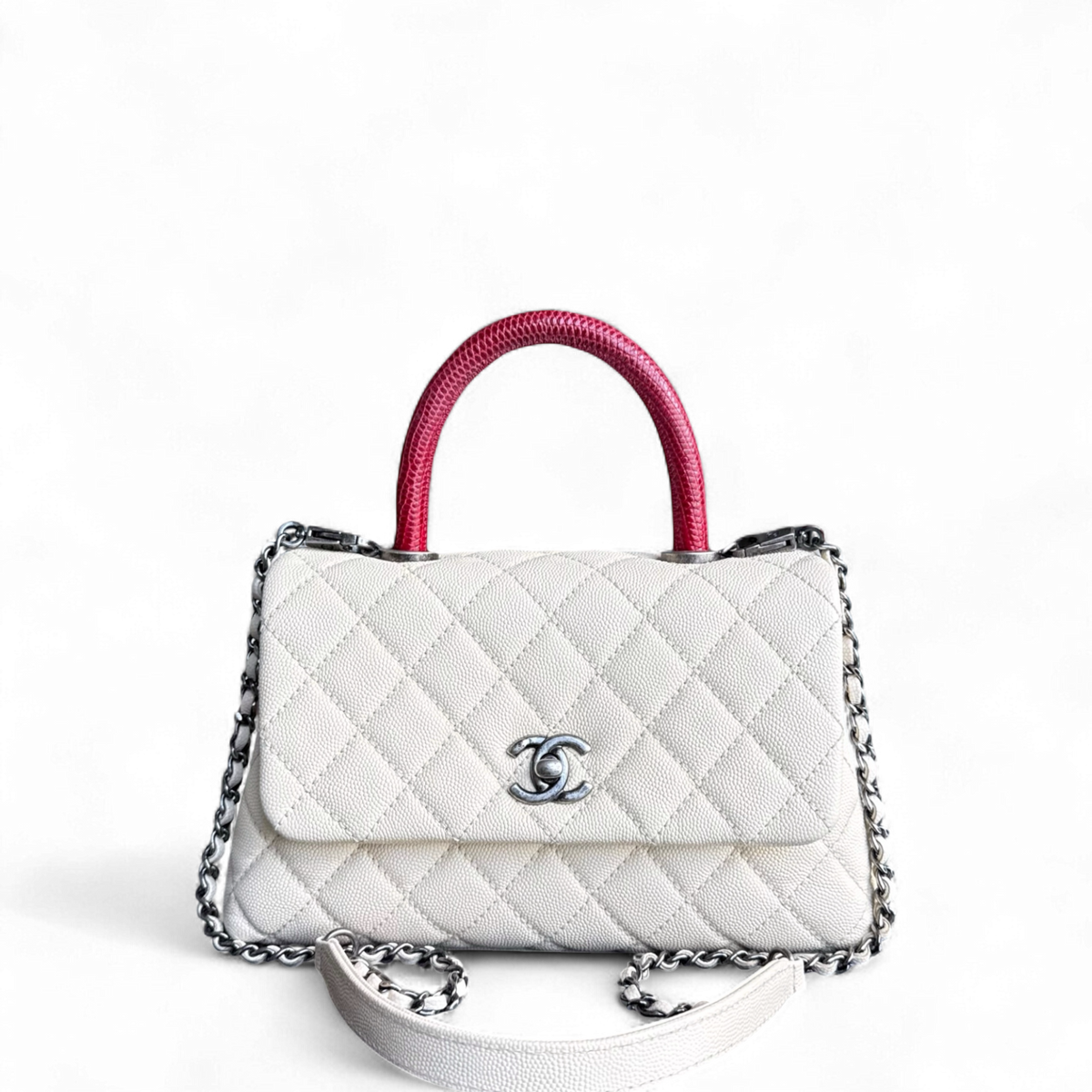 Chanel Coco Handle Small - Caviar Quilted Grained Calfskin White Ruthenium Silver Hardware