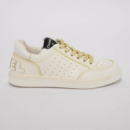 Chanel White & Yellow Calfskin Logo Sneakers 37.5