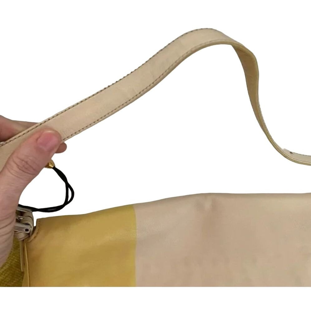 Fendi, limited edition, mod, pink and yellow color block leather, baguette with a pink and yellow enamel and chrome FF snap