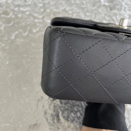 Mini Square Classic Flap Quilted Lambskin Dark Grey Gray Silver Hardware Series 16