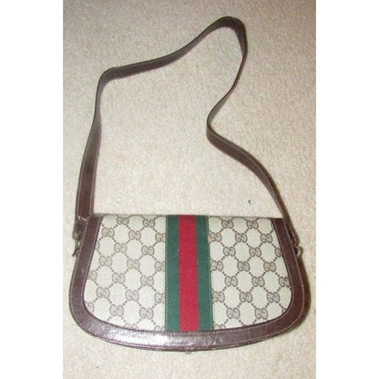 Gucci Horsebit Vintage Line Purses Brown Large G Logo Print Canvas And Brown Leather With A Red And