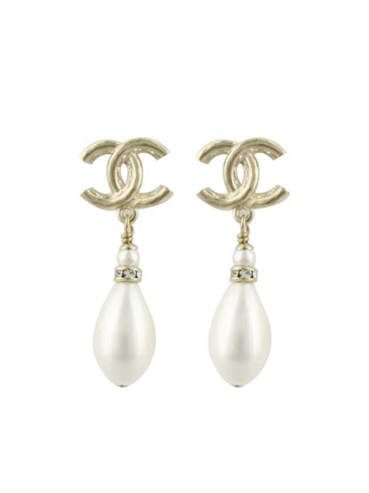CC Logo Pearl Drop Earrings Gold Chanel