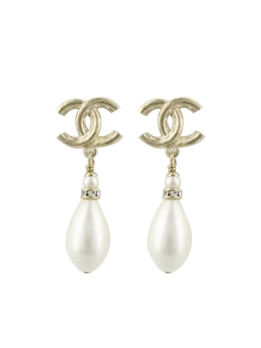 CC Logo Pearl Drop Earrings Gold Chanel