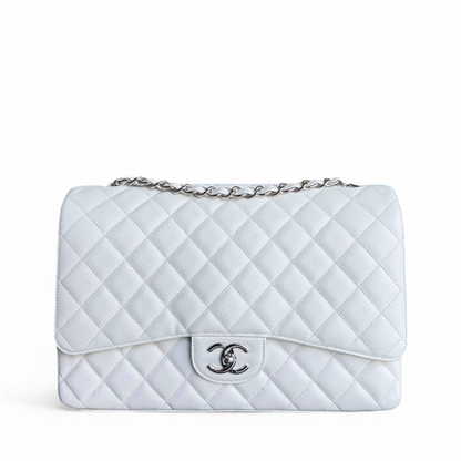 Chanel Classic Flap Maxi - Caviar Double Flap 33CM Quilted White Silver Hardware Series 14