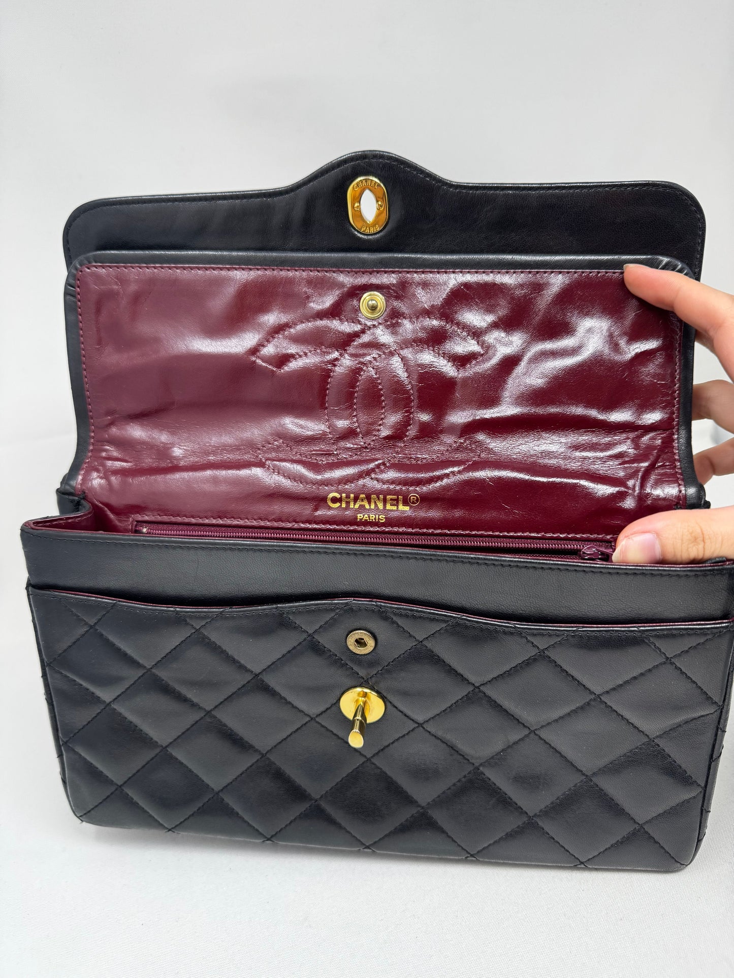 Chanel Vintage Two Tone CC Flap Bag Quilted Lambskin Medium Black B-
