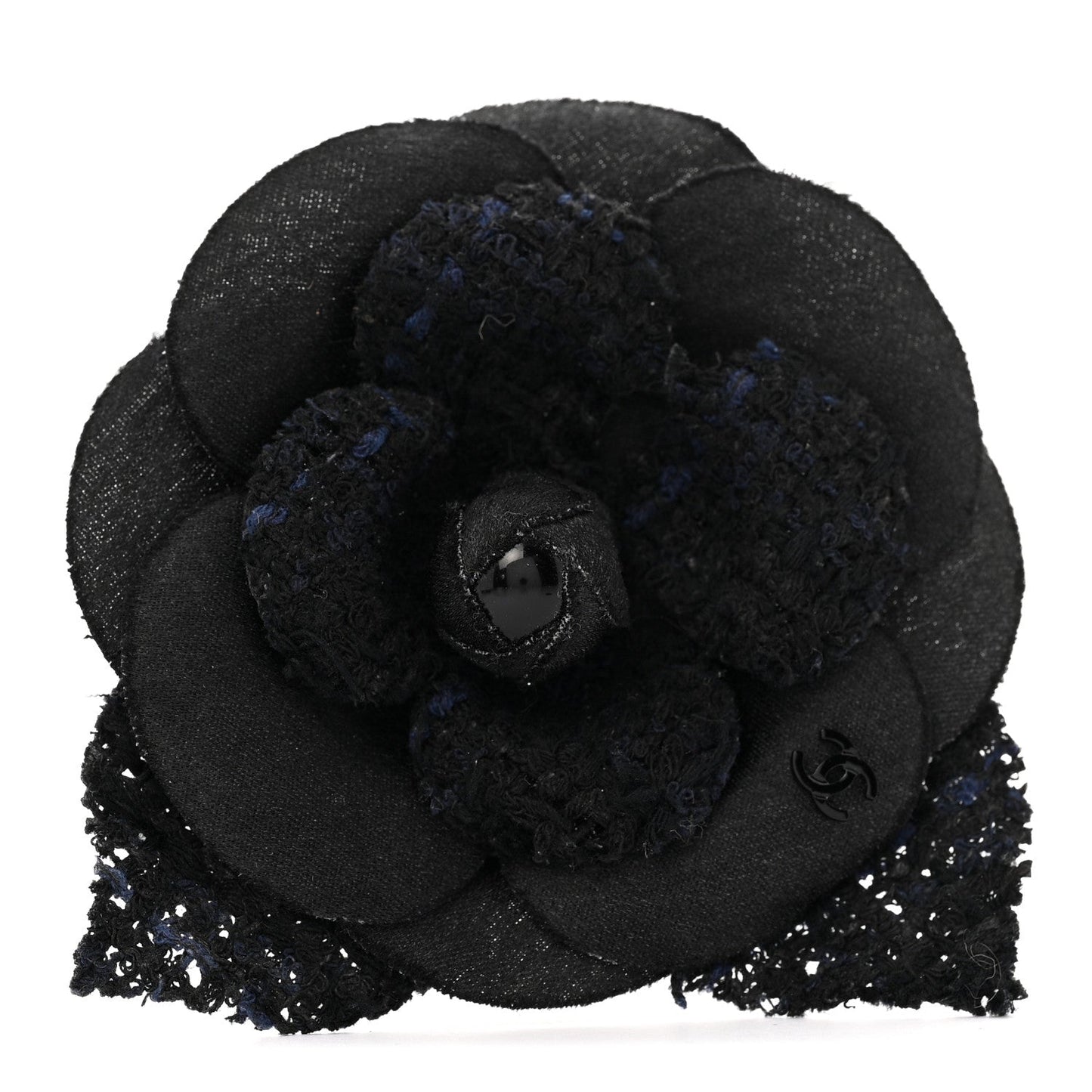 Tweed Camellia Pin Brooch Black