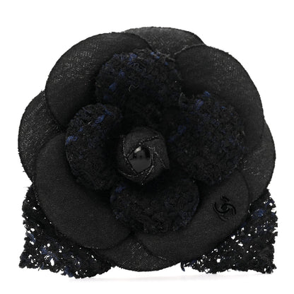 Tweed Camellia Pin Brooch Black