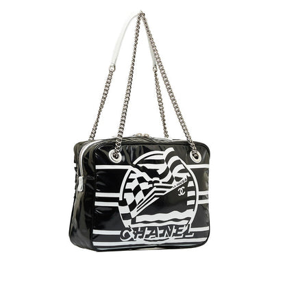 Chanel 19 Cruise Collection LA PAUA Cocomark Chain Shoulder Bag Black White PVC Leather  CHANEL
