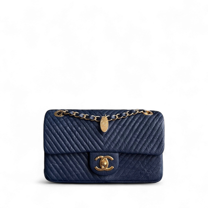 Chanel Seasonal Flap Small - 23CM Surpique CC Herringbone Medallion Flap Chevron Dark Navy Blue Gold Hardware Series 21
