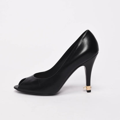 Chanel Black Lambskin Pearl Detail Peep Toe Pumps 37.5