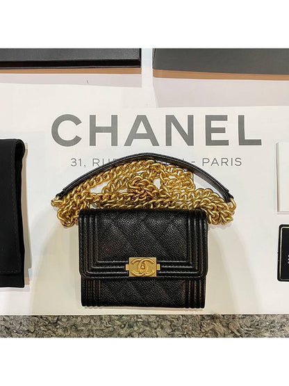 Boy Flap Chain Grained Calfskin Coin Case Gold Black Chanel