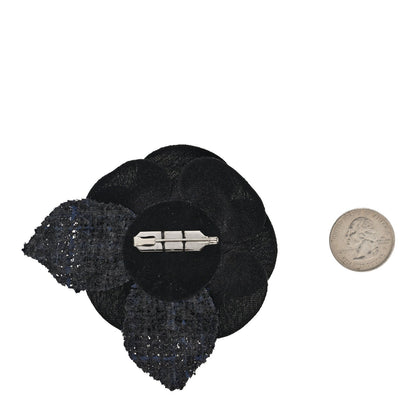 Tweed Fabric Camellia Pin Brooch Black