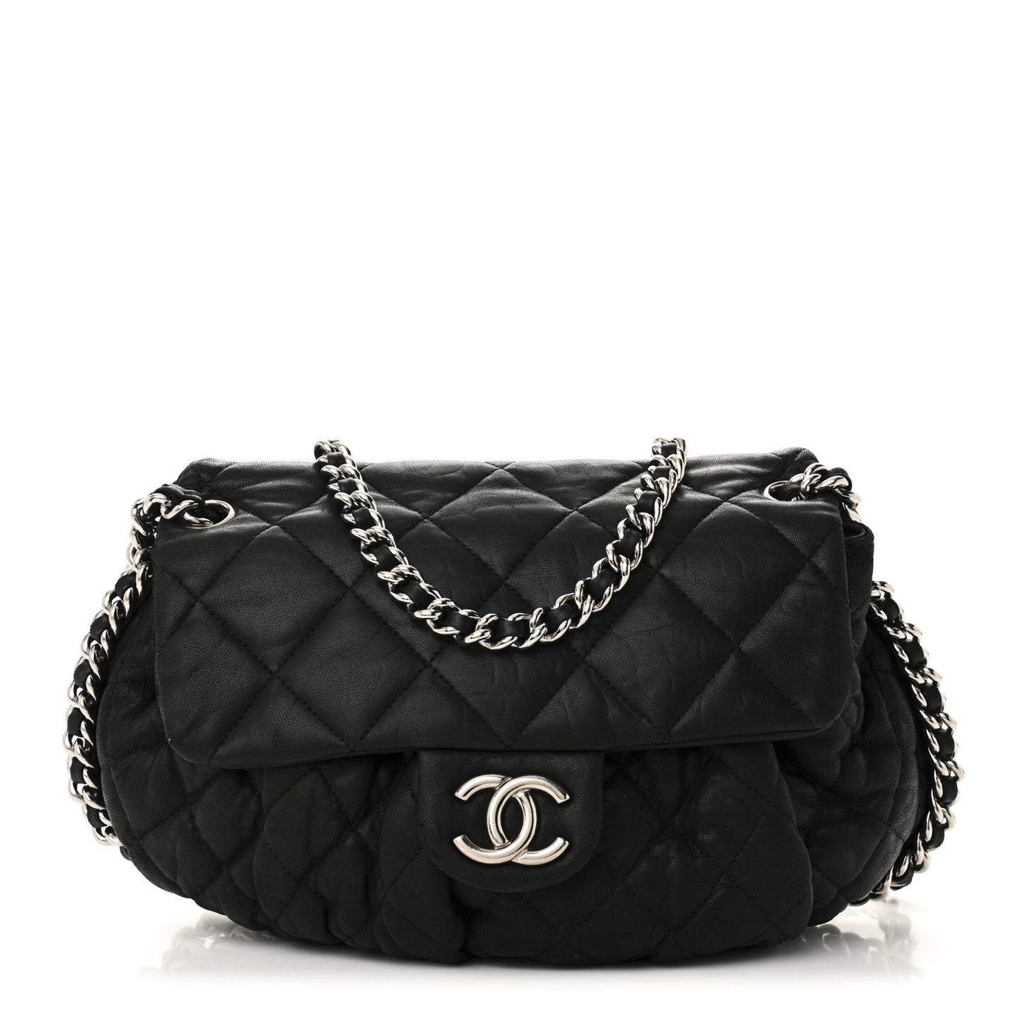 Washed Lambskin Quilted Medium Chain Around Messenger Black