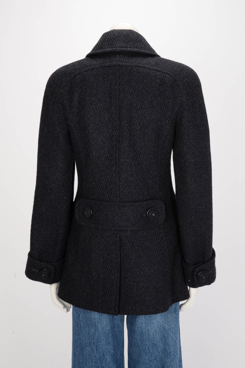 Chanel Navy Herringbone Wool Double Breasted Coat FR 38