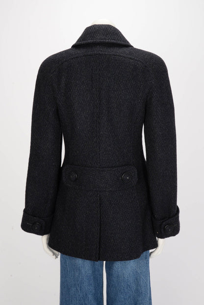 Chanel Navy Herringbone Wool Double Breasted Coat FR 38