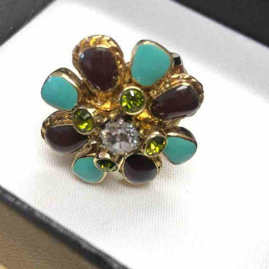 Chanel Vintage Floral Ring with Box - Size .-, Gold Green Brown Flower Design