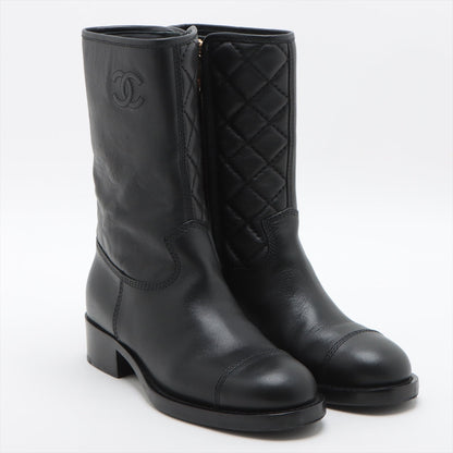 Chanel Coco Leather Short Boots 36C  Black G36707 Matrasse Side Zip