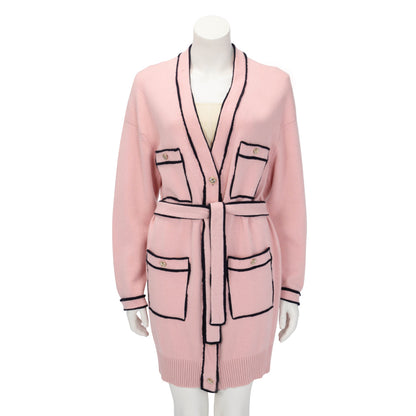 Chanel Pink & Navy Cashmere Knit Belted Long Sleeve Dress FR 40
