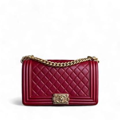 Chanel Boy Medium - 25CM Quilted Lambskin Red Gold Hardware Series 24