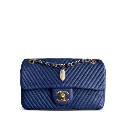 Chanel Seasonal Flap Herringbone - 23CM Calfskin Chevron Blue Distressed Aged Gold Hardware Series 21