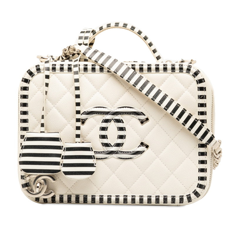 Chanel CC Filigree Chain Shoulder Bag Vanity Bag White Black Canvas  CHANEL
