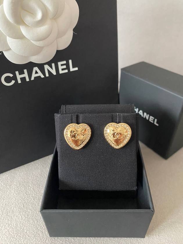 CC Logo Heart Stud Earrings Gold Chanel