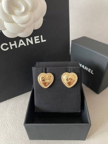 CC Logo Heart Stud Earrings Gold Chanel