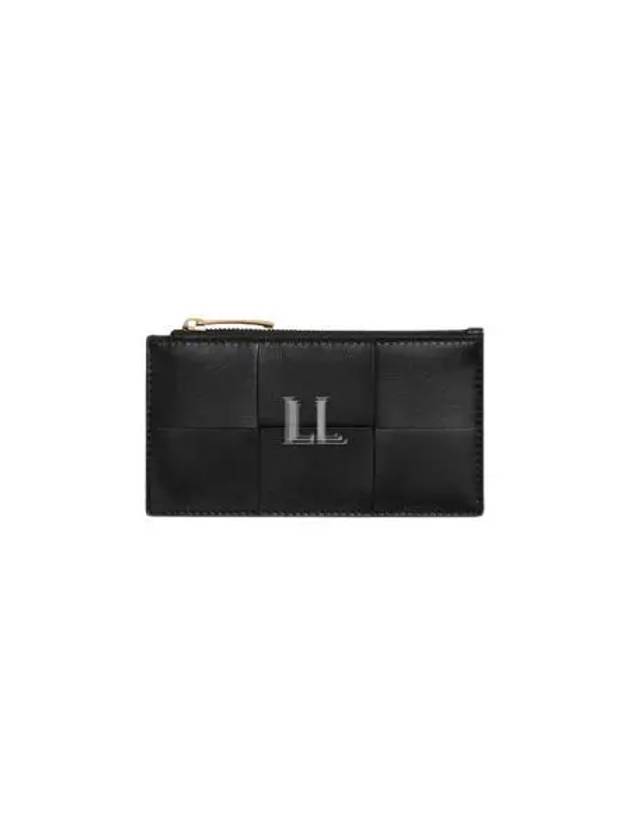 Luxury Bottega Veneta Cassette Intrecciato Zipper Leather Card Wallet Black
