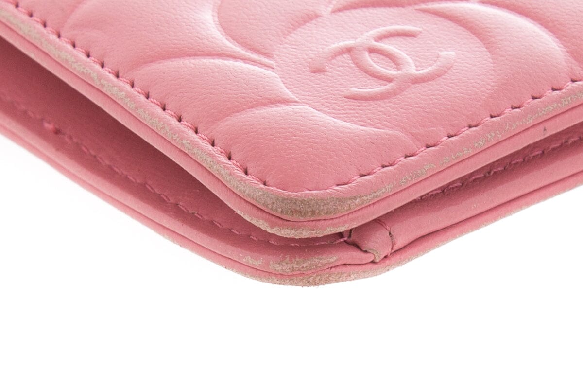 Chanel Pink Leather Camellia Embossed Long Wallet