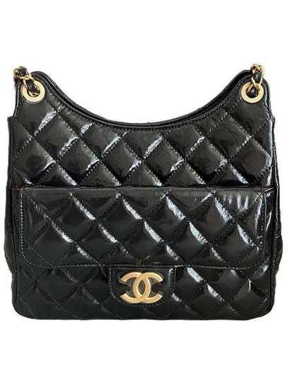 Hobo Handbag Shiny Crumpled Calfskin Gold Black Chanel