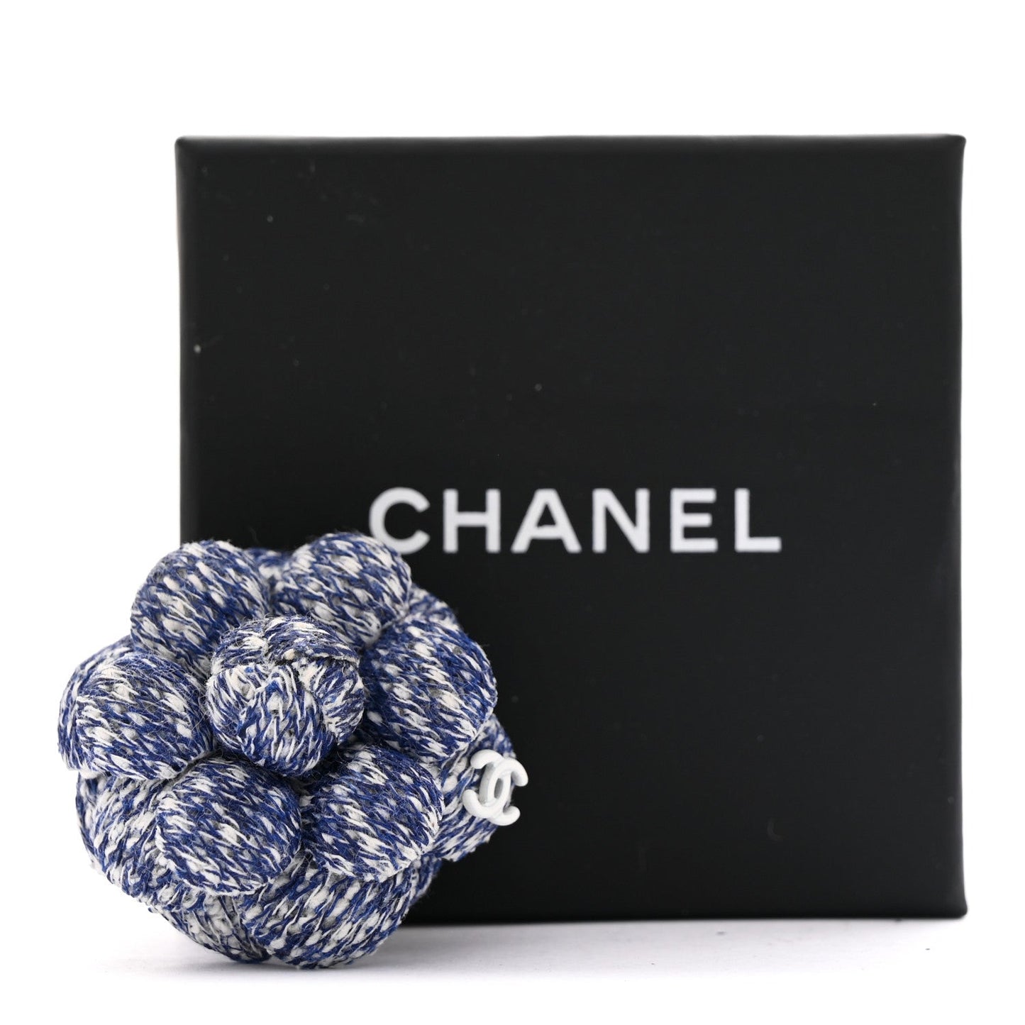 Tweed Camellia CC Brooch Lapel Pin Blue