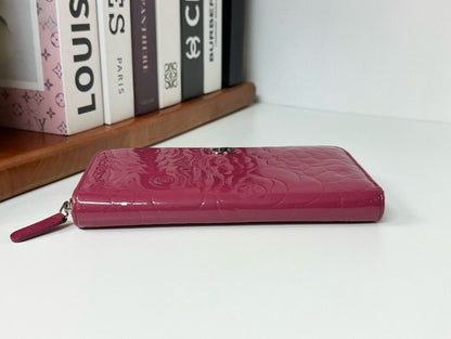 CHANEL Camellia Round Zipper Long Wallet Patent Leather Red #D
