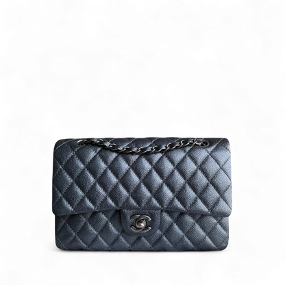 Chanel Classic Flap Medium - Caviar 25CM Quilted Grained Calfskin Iridescent Charcoal Dark Grey Gray Ruthenium Silver Hardware Series 20