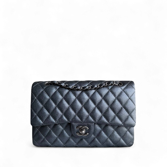 Chanel Classic Flap Medium - Caviar 25CM Quilted Grained Calfskin Iridescent Charcoal Dark Grey Gray Ruthenium Silver Hardware Series 20