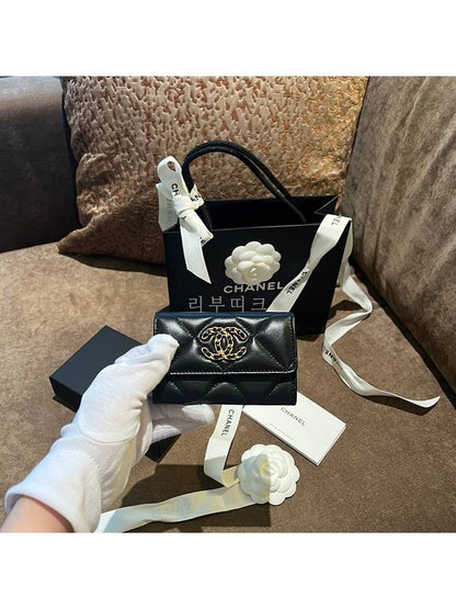 Nineteen Gold CC Logo Lambskin Flap Card Wallet Black Chanel