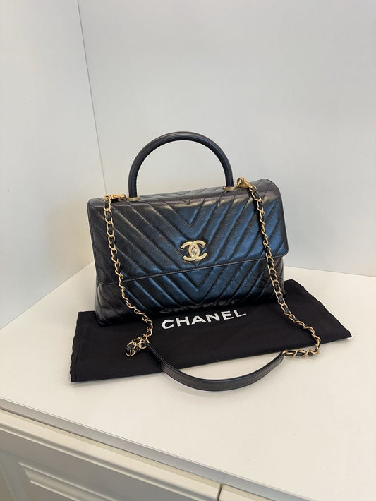 Chanel Coco handle large bag black oil wax leather