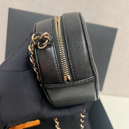 CHANEL Iridescent Caviar Quilted Round Clutch With Chain Black