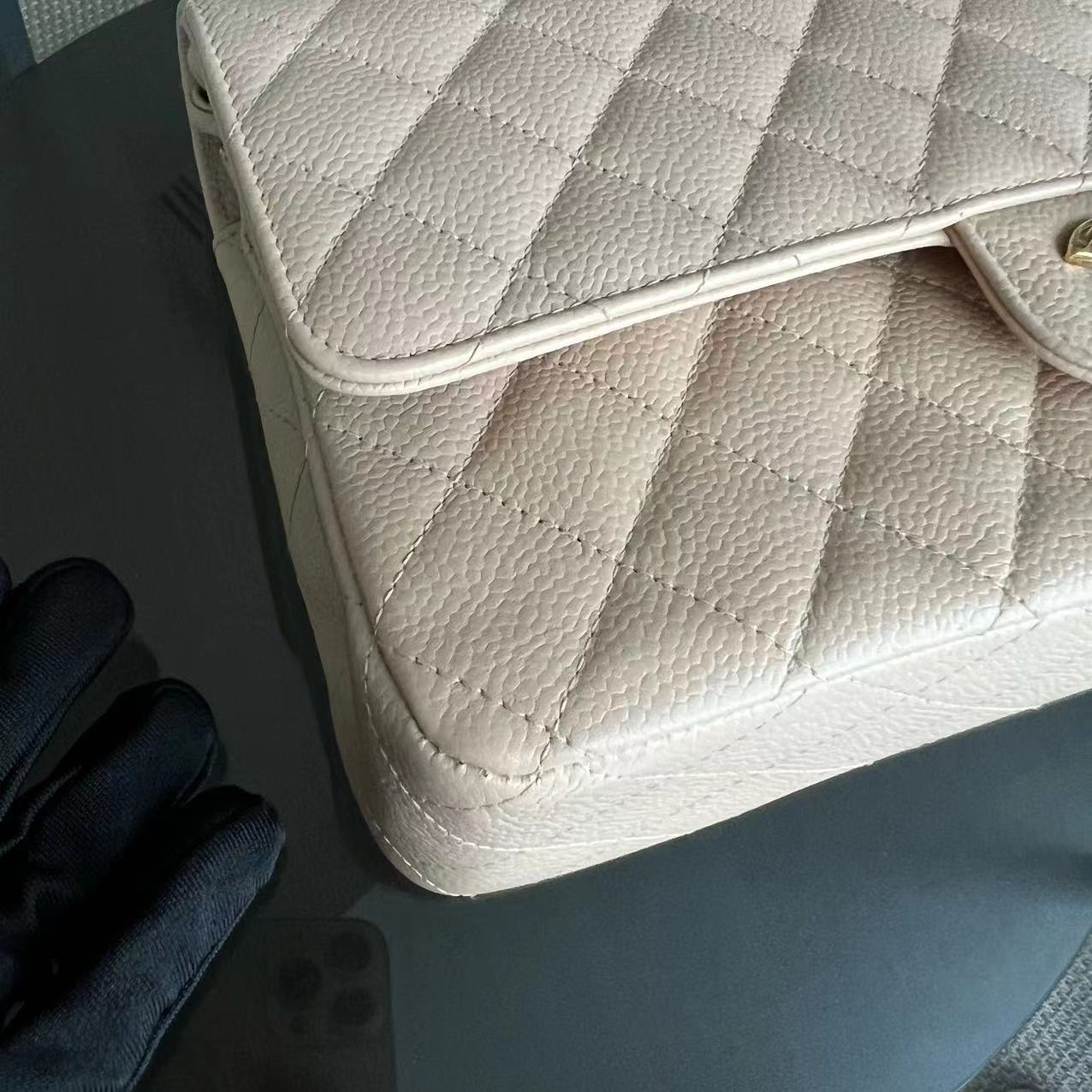 Caviar Double Flap Quilted Grained Calfskin Beige Golden Hardware Series 15