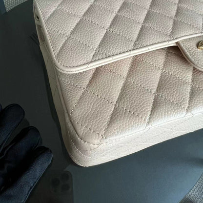 Caviar Double Flap Quilted Grained Calfskin Beige Golden Hardware Series 15