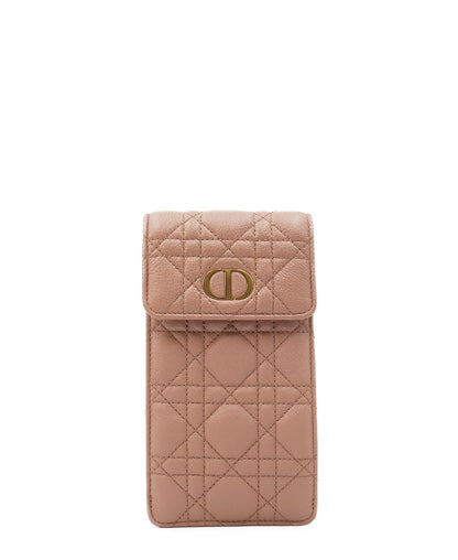 Caro Phone Holder with Chain Cannage Quilt Calfskin Pink