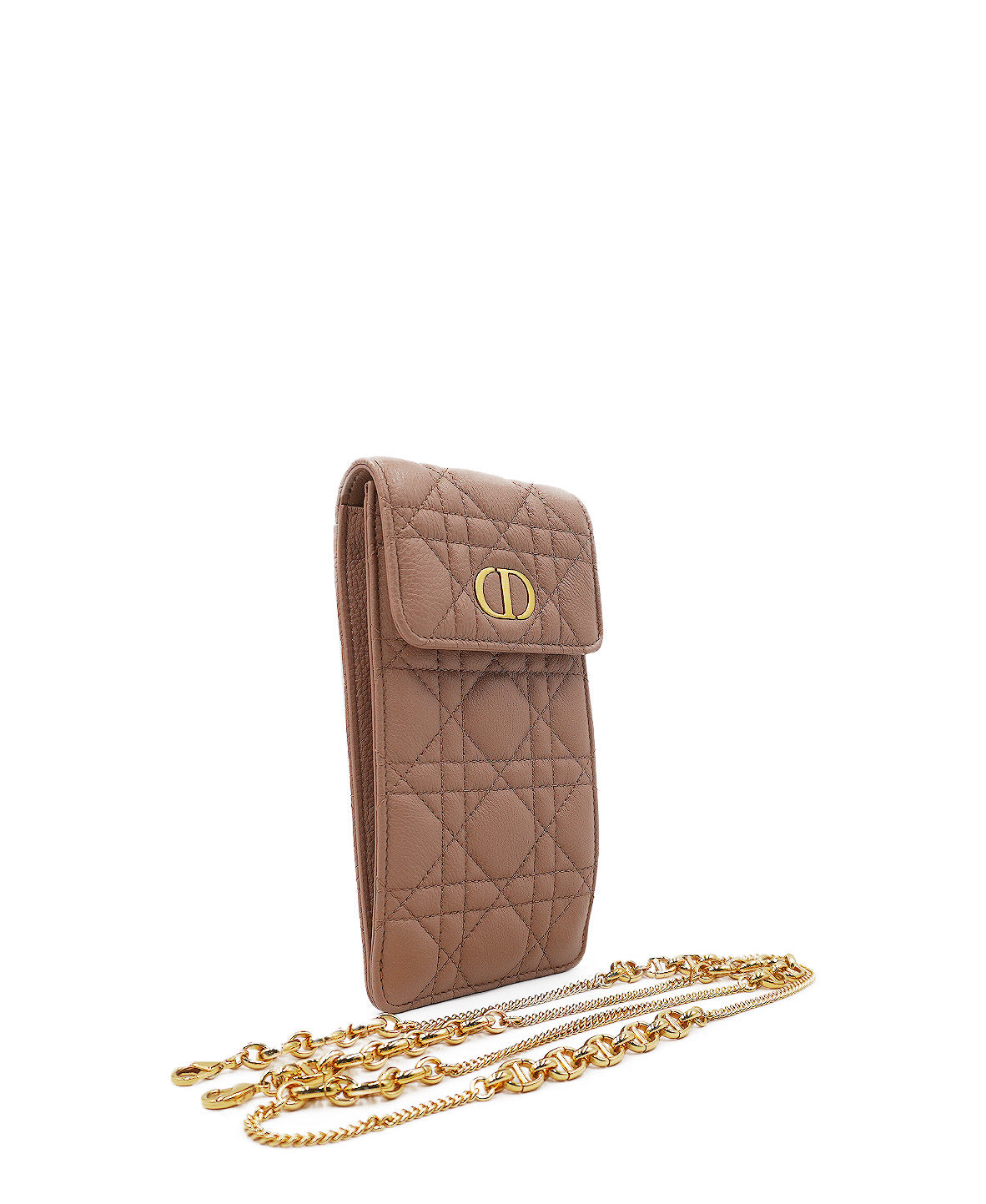 Caro Phone Holder with Chain Cannage Quilt Calfskin Pink