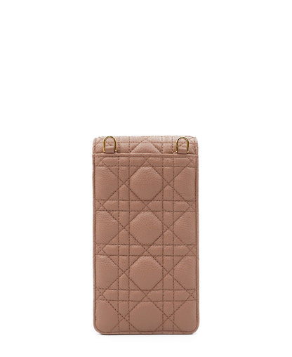Caro Phone Holder with Chain Cannage Quilt Calfskin Pink