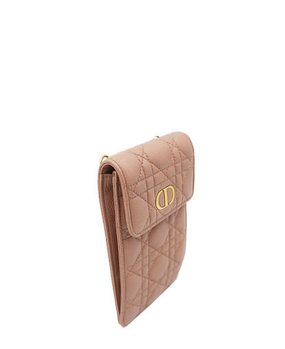 Caro Phone Holder with Chain Cannage Quilt Calfskin Pink