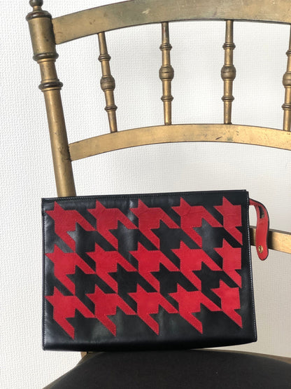 CELINE Houndstooth Suede Leather Clutch bag Black Red Vintage znyz77