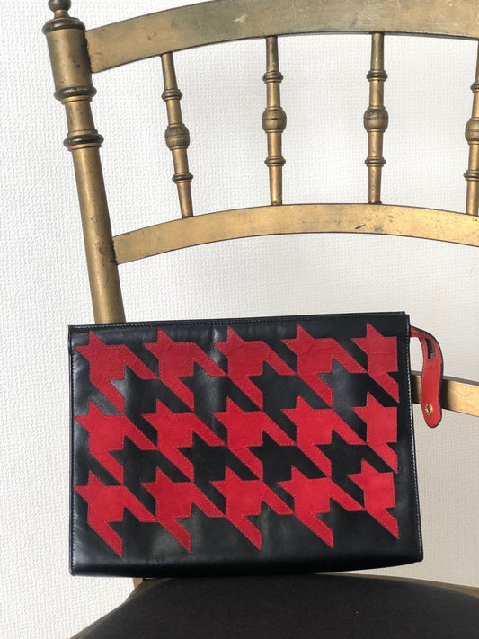 CELINE Houndstooth Suede Leather Clutch bag Black Red Vintage znyz77